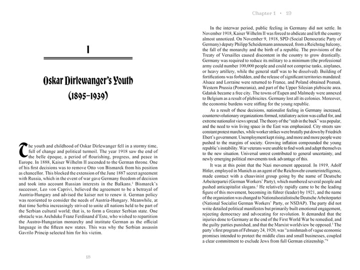 A Schiffer Publishing, Ltd. book titled "Oskar Dirlewanger" features open pages: the left explores Dirlewanger’s early years (1895–1939), while the right delves into Germany’s postwar era and growing nationalism.