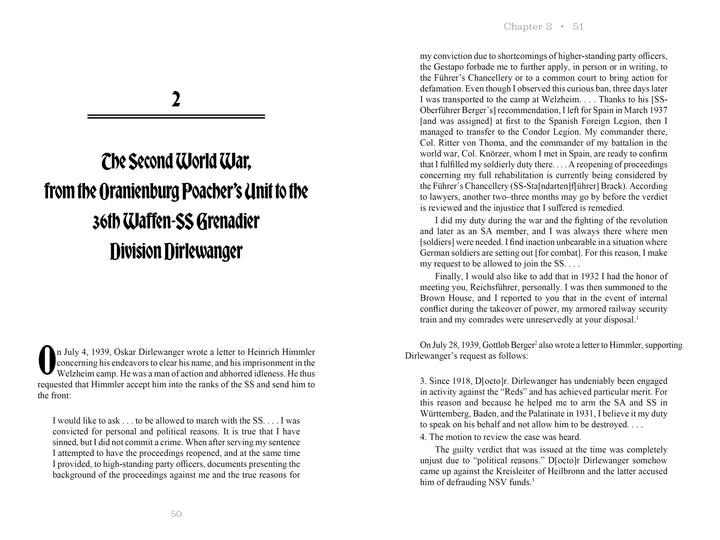 An open book titled "Oskar Dirlewanger" by Schiffer Publishing, Ltd. shows a chapter on the 36th Waffen-SS Grenadier Division and Oskar Dirlewanger on the left page, with text and footnotes continuing on the right.
