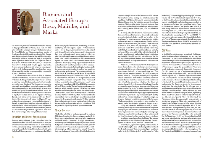 Two pages from Reflections on African Art by Schiffer Publishing, Ltd. show dense columns of text under the chapter “Bamana and Associated Groups: Bozo, Malinke, and Marka,” exploring rare art traditions with subheadings and a CHAPTER 2 sidebar.