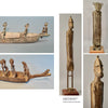 Five photos from "Reflections on African Art" by Schiffer Publishing, Ltd. show small bronze sculptures: two boats with human figures and three standing figures, featuring textures inspired by Bamana, Senufo, Dogon, and Baule tribes.