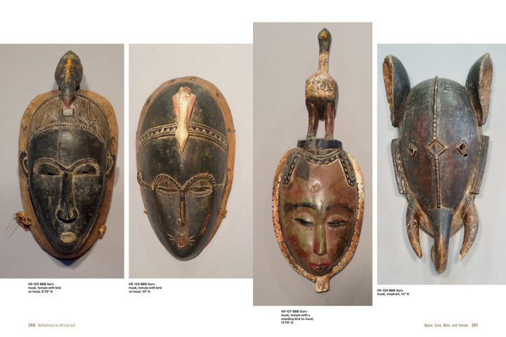 Reflections on African Art by Schiffer Publishing, Ltd. presents four traditional masks from the Bamana, Senufo, Dogon, and Baule tribes side by side, each featuring distinct carvings and decorations that exemplify rare African artistry.