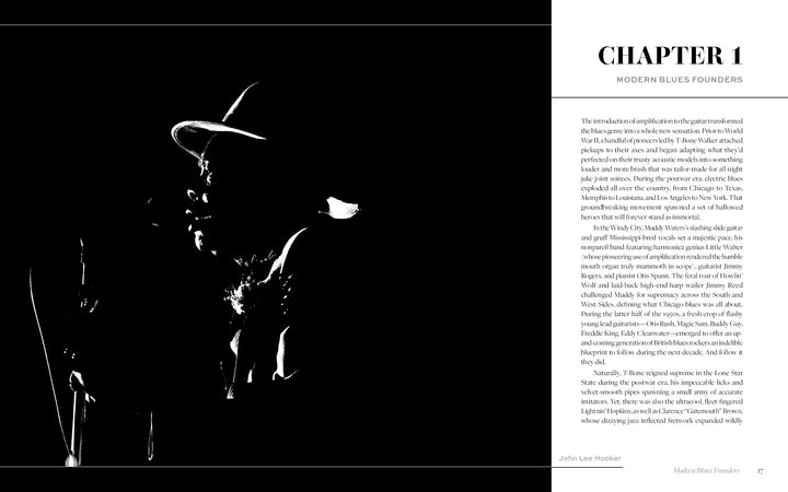 A black-and-white photo of blues musician John Lee Hooker, in a hat and playing guitar, fills the left. On the right, text for Chapter 1: Modern Blues Founders details Hooker's impact. From Inside the Moment by Schiffer Publishing, Ltd.