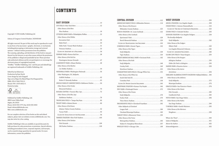 The three-column table of contents in America's Ballparks by Schiffer Publishing, Ltd. lists team names and page numbers under East, Central, West, and a general section, highlighting Major League Baseball stadiums with a left-side copyright notice.