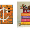 Two vibrant still-life artworks by Robert C. Jackson, published by Schiffer Publishing, Ltd., depict vintage soda crates with logos like Ace Hi and Sun Crest, and crates topped with retro toys, blocks, and coins.