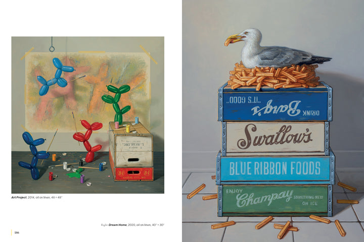 Left: Three colorful balloon dog sculptures surrounded by art supplies channel the playful style of American painter Robert C. Jackson. Right: A seagull eats fries spilling from vintage crates. Product: Robert C. Jackson by Schiffer Publishing, Ltd.