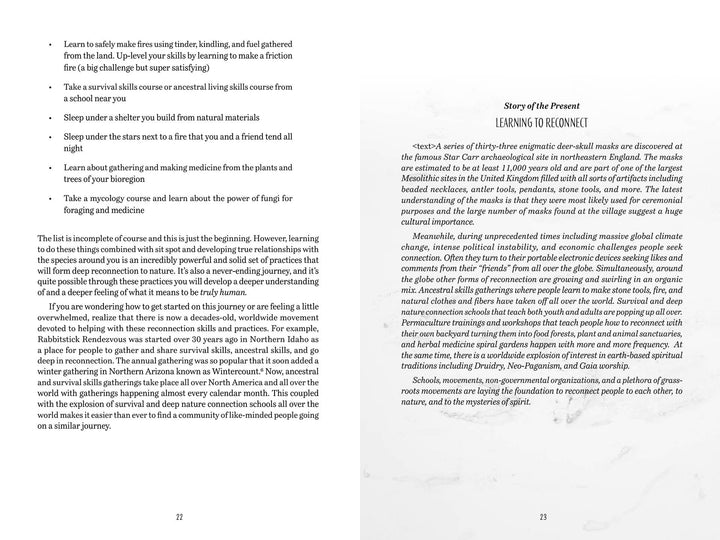 An open spread of "Eco-Spirituality in the 21st Century" by Schiffer Publishing, Ltd. shows skills like fire-making and plant knowledge on the left page, while the right page begins an essay on reconnecting with earth-based spirituality and tradition.