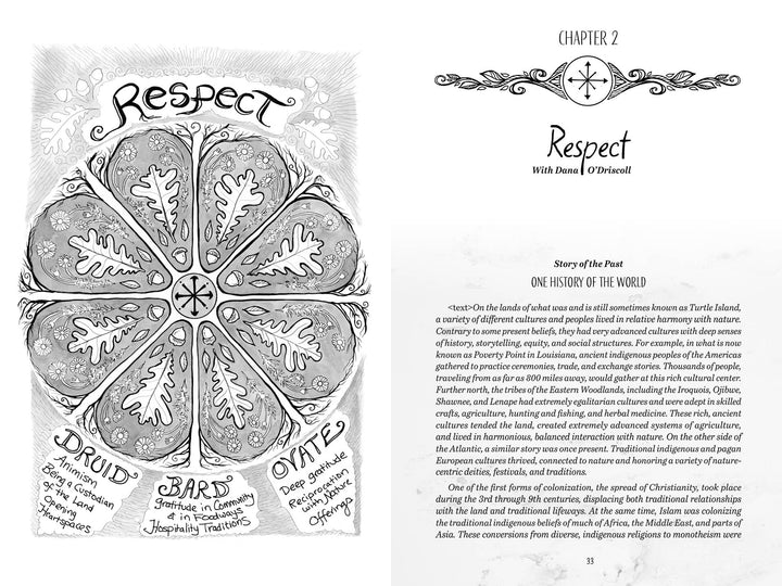 In "Eco-Spirituality in the 21st Century" by Schiffer Publishing, Ltd., one page displays an ornate ‘Respect’ illustration with oak leaves, Druid, Bard, Ovate; the opposite page starts Chapter 2: Respect with a decorative border and historical text.