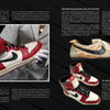 A magazine spread from Legendary Sneakers by Schiffer Publishing, Ltd. showcases four iconic Nike and Air Jordan pairs, featuring detailed descriptions, auction prices, and sneaker history on a dark background with white text and dividers.