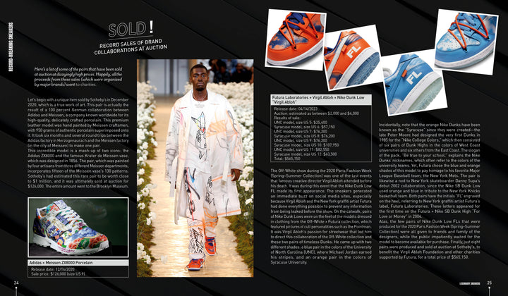 A magazine spread about record sales of Legendary Sneakers by Schiffer Publishing, Ltd., showcasing vibrant limited-edition shoes, a male model in a white floral coat, and detailed histories with auction prices for each sneaker.