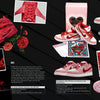 A magazine spread features "Legendary Sneakers" from Schiffer Publishing, Ltd., showcased with roses, cards, and heart-themed graphics. Close-ups highlight designs that make this collection a must-see for sneaker enthusiasts.