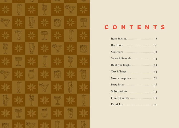 Table of contents page for The Booze-Free Bar(c)art Book by Schiffer Publishing, Ltd., with a brown patterned left side showing drink and star art, and a cream right side listing zero-proof chapters and red/brown page numbers.