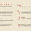 A beige page from The Booze-Free Bar(c)art Book by Schiffer Publishing, Ltd. shows eight illustrated bar tools—perfect for mixing mocktails and zero-proof drinks—arranged in two columns with brief descriptions.