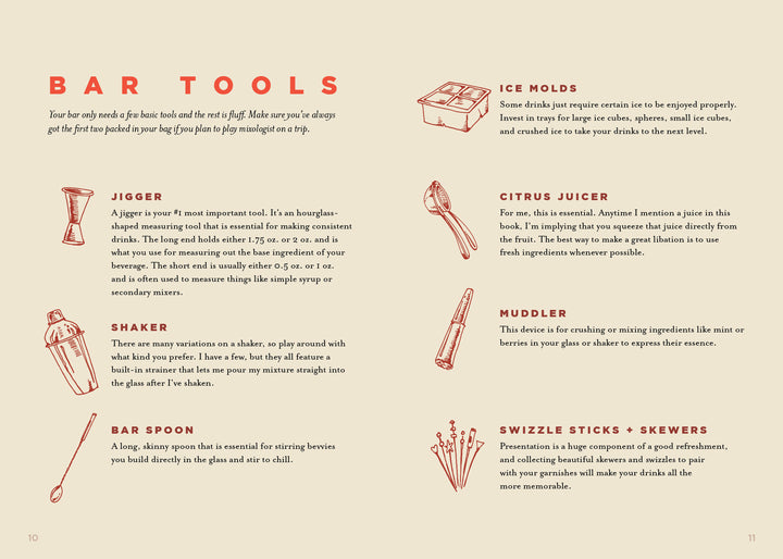 A beige page from The Booze-Free Bar(c)art Book by Schiffer Publishing, Ltd. shows eight illustrated bar tools—perfect for mixing mocktails and zero-proof drinks—arranged in two columns with brief descriptions.