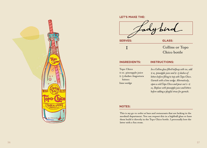 Illustration from The Booze-Free Bar(c)art Book by Schiffer Publishing, Ltd.: a mocktail recipe called Lady Bird with pineapple juice, Angostura bitters, and Topo Chico—ideal for anyone wanting easy, stylish zero-proof drinks.