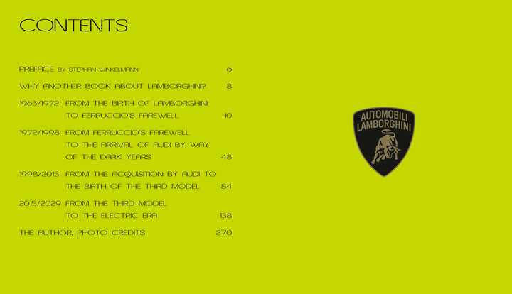 A table of contents page for Automobili Lamborghini by Schiffer Publishing, Ltd. with a yellow-green background, black text, and the Lamborghini logo. Chapters cover Lamborghini’s history to the electric era, with page numbers on the right.