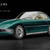 A classic green Lamborghini 350 GTV, the first Lamborghini built in 1963, is shown on a black background in "Automobili Lamborghini" by Schiffer Publishing, Ltd., highlighting its wire-spoke wheels and vintage design.