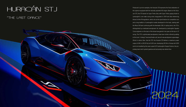 A blue Automobili Lamborghini with red accents is displayed on a futuristic platform and bold lighting. The dark backdrop and adjacent text emphasize this luxury sportscar by Schiffer Publishing, Ltd., highlighting model details and the year 2024.