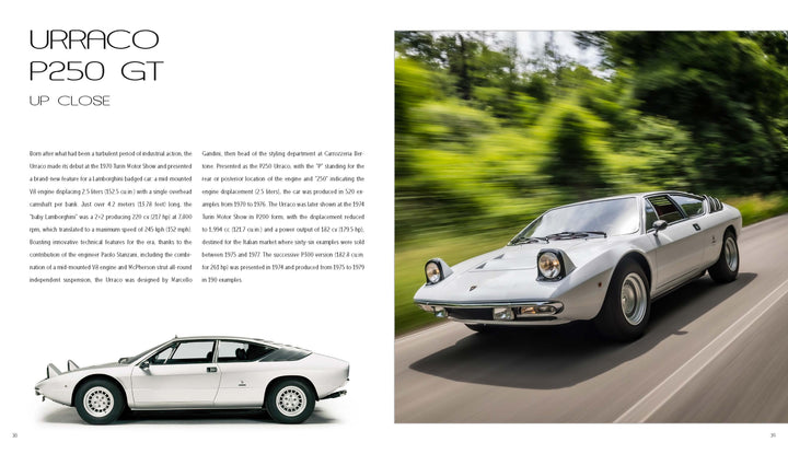 Two silver Lamborghini Urraco P250 GT models from Automobili Lamborghini (by Schiffer Publishing, Ltd.) are featured: one indoors in side view and one outdoors in front angled view, both representing classic 1970s luxury sports car design.