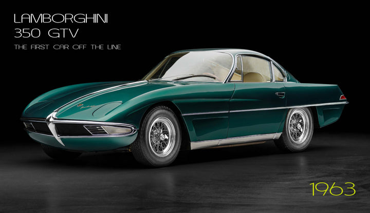 A striking green Lamborghini 350 GTV appears on a black background with “Lamborghini 350 GTV, the first car off the line, 1963”—an ideal image for Automobili Lamborghini Special Edition by Schiffer Publishing, Ltd. and fans of luxury sports cars.