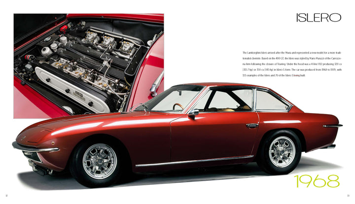 The Automobili Lamborghini Special Edition by Schiffer Publishing, Ltd. features a red Islero sports car with chrome wheels and detailed engine images—ideal for collectors and fans of luxury sports cars or Lamborghini history.