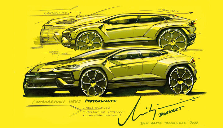 Sketches of a yellow Lamborghini Urus Performante with design notes and the designer's signature, set on a yellow background—featured in the "Automobili Lamborghini Special Edition" by Schiffer Publishing, Ltd. Ideal for luxury sportscar enthusiasts.
