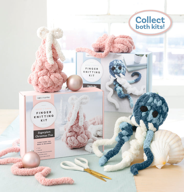 Discover Schiffer Publishing, Ltd.’s Super Simple Finger Knitting Kit Sugarplum Christmas Tree—create a plush pink tree! Display includes chunky yarn, finished projects, ornaments, a shell, scissors, and a blue and white octopus kit. Collect both!.