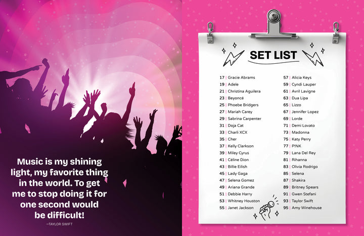 A silhouetted crowd raises their arms before pink rays and sparkles. Text reads, “Music is my shining light...” Beside a list of 55 pop stars like Adele and Taylor Swift—featured in Schiffer Publishing’s Ultimate Pop Divas Coloring Book.