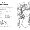 From the Ultimate Pop Divas Coloring Book by Schiffer Publishing, Ltd.: a black-and-white page features a pop diva with wavy hair and roses, fun facts and hit songs, plus a cassette tape and musical notes.