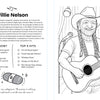 Black-and-white illustration of Willie Nelson smiling with his guitar, ideal for the Ultimate Country Legends Coloring Book by Schiffer Publishing, Ltd. Left page features career highlights, a quote, top 5 hits, and music-themed drawings.