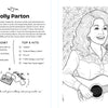 A black-and-white coloring page from Schiffer Publishing, Ltd.'s Ultimate Country Legends Coloring Book shows Dolly Parton smiling with her guitar, surrounded by flowers, life facts, top 5 songs, and a mixtape cassette featuring an inspiring quote.