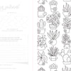 The "Awesomely Authentic Self-Care Coloring Book" by Schiffer Publishing, Ltd. includes a journal page with a grid of small house sketches, a circle swatch area, an inspirational quote, and potted plant patterns.