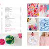 On the left, the Handmade Happiness Yarn Crafts table of contents by Schiffer Publishing, Ltd. lists parts and pages; on the right are photos of bright yarn garlands, animals, wreaths, and fashion accessories with page numbers.