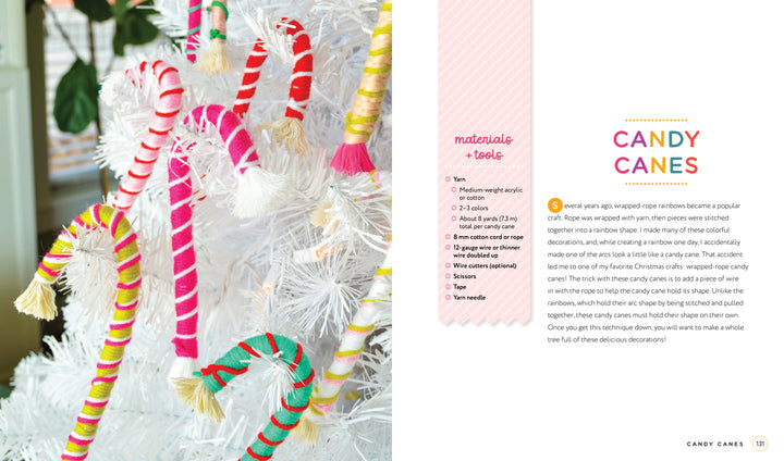 Handmade Happiness Yarn Crafts by Schiffer Publishing, Ltd. displays colorful yarn candy cane ornaments on a white artificial Christmas tree, with materials and steps listed on the right for easy home décor or crafting.