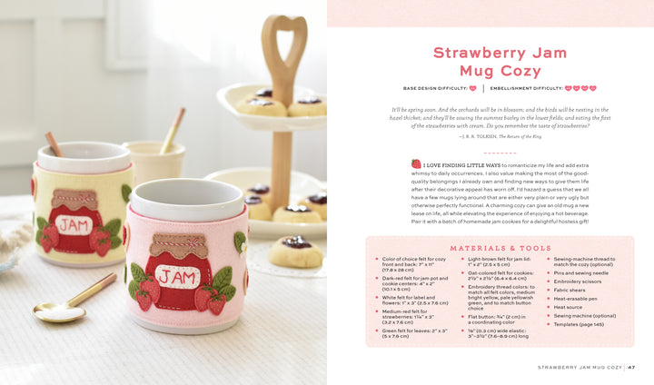 HeartFELT Crafts to Make and Give by Schiffer Publishing, Ltd. shows two mugs in pink strawberry jam cozies beside pastries and a bowl. The book features beginner felt crafts, a mug cozy recipe, and a detailed materials list.