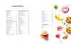 The left side shows the table of contents for Yummy Watercolor by Schiffer Publishing, Ltd., listing sections and page numbers. On the right are vibrant watercolor illustrations of desserts such as cookies, donuts, a lollipop, and fruit slices.