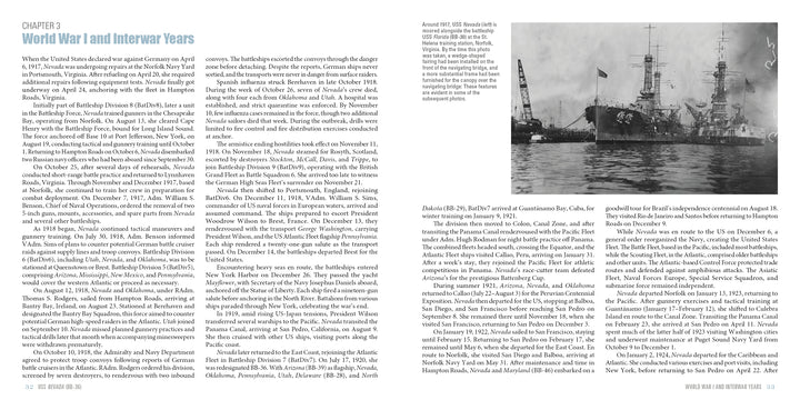 A grayscale photo of USS Nevada (BB-36), a large warship docked with sailors aboard and on the pier, appears amid text in a Schiffer Publishing, Ltd. book; cranes and clouds are visible in the background.