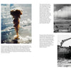 A two-page spread from Schiffer Publishing, Ltd.’s "USS Nevada (BB-36)" features WWII photos: sailors onboard, USS Nevada by two mushroom clouds at Operation Crossroads, ships near a blast, a warship, and small boats with sailors, each with captions.