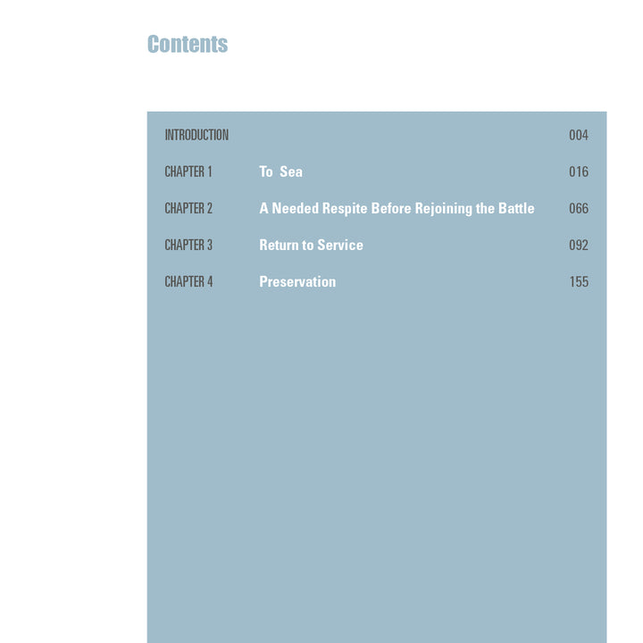 Table of contents page with a blue background lists sections like Introduction and To Sea, plus page numbers. Features the story of USS Yorktown (CV-10), an Essex-class carrier, from Schiffer Publishing, Ltd., now at Patriots Point museum.