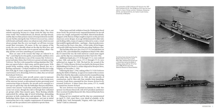 A two-page spread from Schiffer Publishing, Ltd.'s USS Yorktown (CV-10) features an "Introduction" on the left and two black-and-white photos of Essex-class carriers like USS Yorktown at Patriots Point on the right, with captions detailing their history.