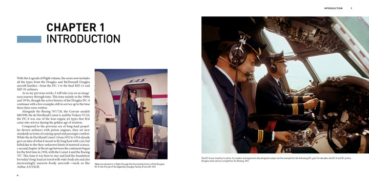 A flight attendant welcomes passengers at the door of a Douglas DC-8; two uniformed pilots with headsets occupy the cockpit. Product: Douglas DC-8 by Schiffer Publishing, Ltd.