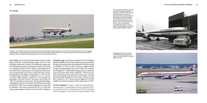 A two-page book spread features text about Air Afrique, plus three photos of Douglas DC-8 jetliners—one landing, one at a gate, and one taxiing—published by Schiffer Publishing, Ltd.