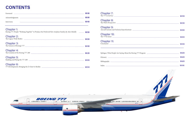 Table of contents page for a Schiffer Publishing, Ltd. book about the Boeing 777, featuring chapter titles and page numbers above a detailed color illustration of the renowned wide-body jet airliner at the bottom.