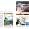 A magazine spread for the Boeing 777 by Schiffer Publishing, Ltd. features text on building the wide-body jet and five images: a Boeing facility aerial, 777 exit door, assembly line, slide evacuation test, and engine water test.