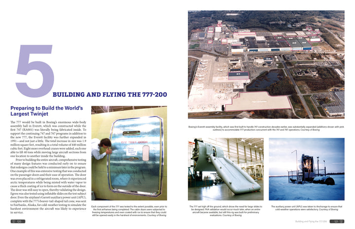 A magazine spread for the Boeing 777 by Schiffer Publishing, Ltd. features text on building the wide-body jet and five images: a Boeing facility aerial, 777 exit door, assembly line, slide evacuation test, and engine water test.