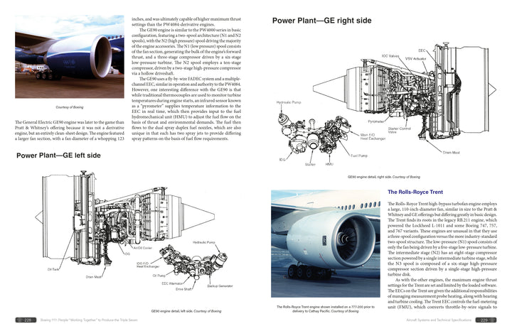 A page from Schiffer Publishing, Ltd.'s Boeing 777 manual displays photos and diagrams of GE and Rolls-Royce Trent engines for the wide-body jet, featuring descriptive technical text and labeled side views of each engine.