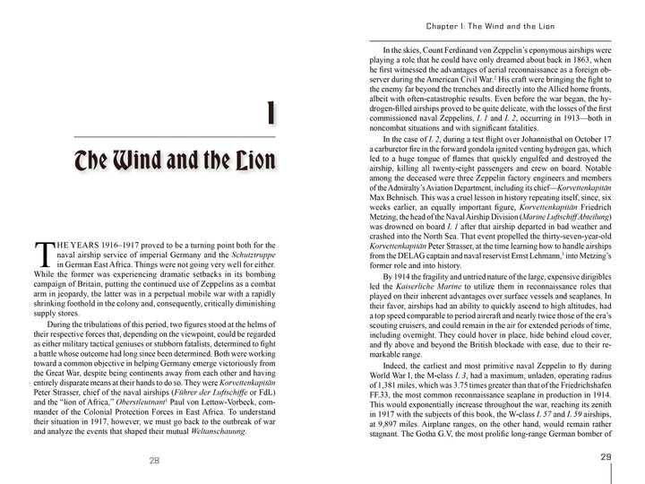 A two-page spread from The Africa Ship by Schiffer Publishing, Ltd.: Chapter 1, "The Wind and the Lion," covers airship resupply in WWI on the left page; the right page discusses Imperial Germany’s East African strategies.