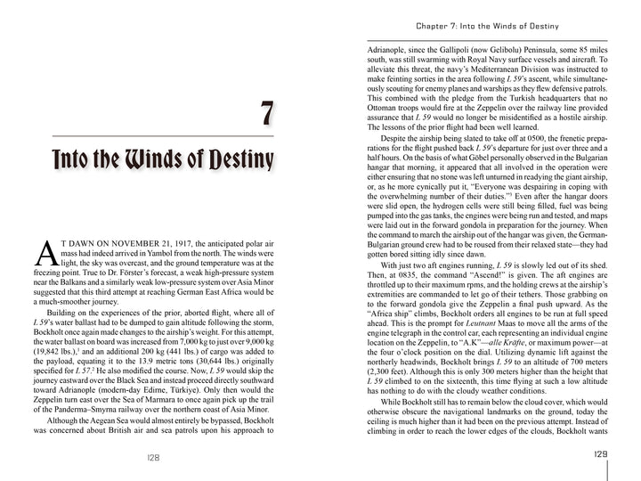 Two pages from “The Africa Ship” by Schiffer Publishing, Ltd.: Chapter 7 opens with an expected polar air mass over Tamish; the next page details historical and meteorological events, including an Imperial German-era airship resupply mission in East Africa.