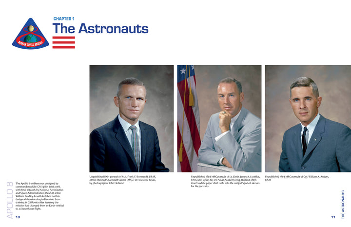 Apollo 8 in Photographs by Schiffer Publishing, Ltd. features three formal studio portraits of astronauts Borman, Lovell, and Anders in suits with blue or flag backgrounds, plus the Apollo 8 mission patch from the Apollo Photo Archive.