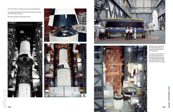 A series of factory images evoke the precision and scale showcased in Schiffer Publishing, Ltd.’s “Apollo 8 in Photographs.”.