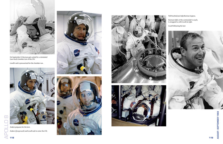 Apollo 8 in Photographs by Schiffer Publishing, Ltd. features black-and-white and color images of Apollo 8 astronauts in spacesuits, testing equipment, and boarding the spacecraft, captured in close-ups and group shots.